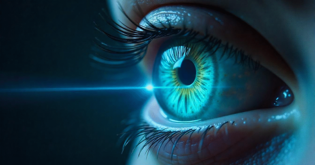 "Illustration of a human eye with laser entering the pupil and glowing blue-green light, representing discovery of new colour 'Olo' in retina research"