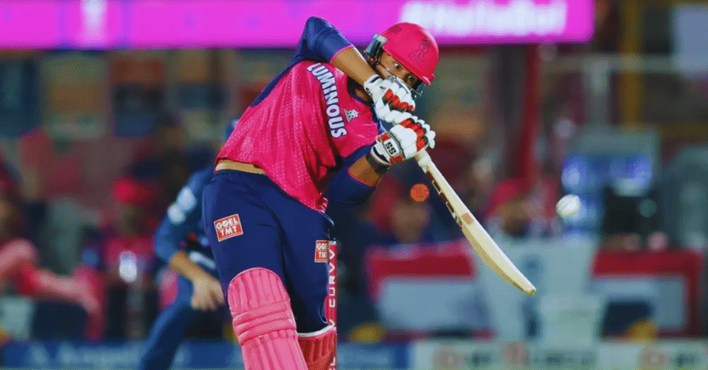 "Vaibhav Suryavanshi playing a powerful shot during his IPL 2025 debut match for Rajasthan Royals"